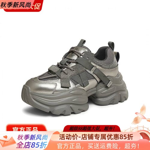 TATA他她繁星复古厚底老爹鞋女鞋银色加绒运动鞋2025春新CY201AM5