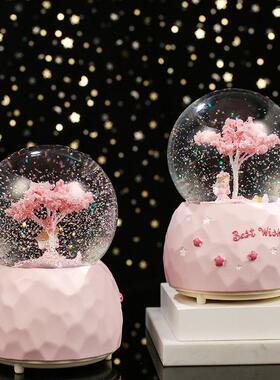 浪漫樱花女孩水晶球梦幻飘雪八音盒圆球520送女生礼物树脂摆件