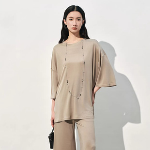 桑蚕丝中袖T恤上衣米棕色文艺复古气质短袖真丝宽松休闲套头衫