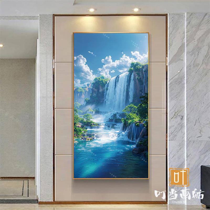 竖版玄关瀑布流水画铝合金外框平面晶瓷轻奢客厅山水瀑布装饰画图片