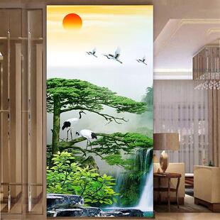 中式迎客松旭日东升客厅入户玄关墙贴装饰画流水瀑布自粘山水壁画
