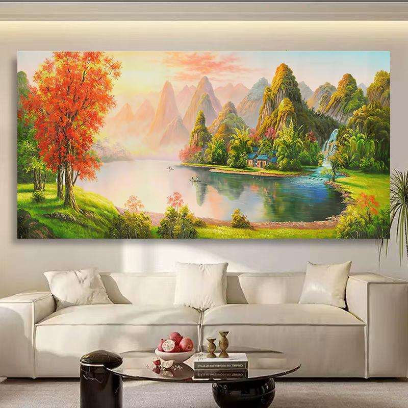 聚宝盆山水画靠山图客厅沙发背景墙挂画家居饰品墙上餐厅装饰贴画
