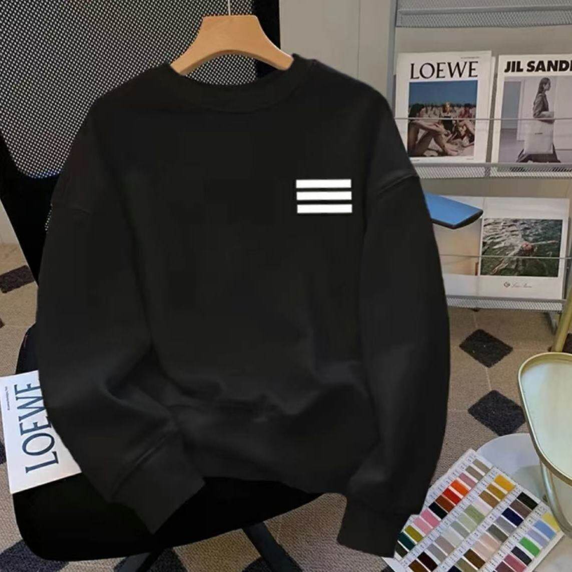 美式潮牌复古条纹印花圆领长袖上衣冬季加绒加厚休闲保暖无帽卫衣