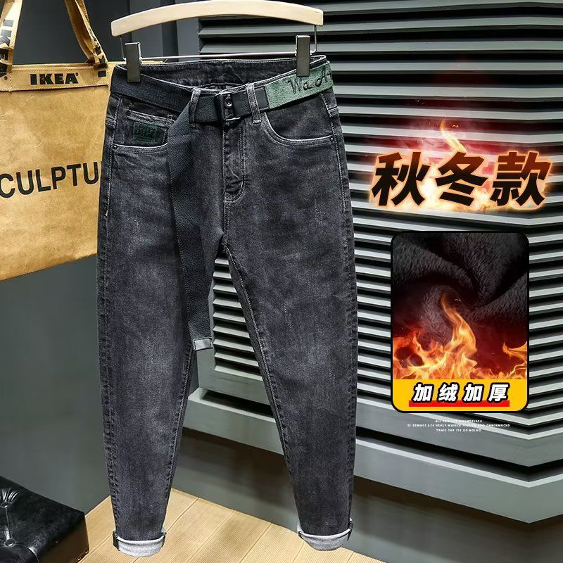 复古男士牛仔裤秋冬加绒加厚修身百搭小脚弹力韩版潮流休闲长裤子