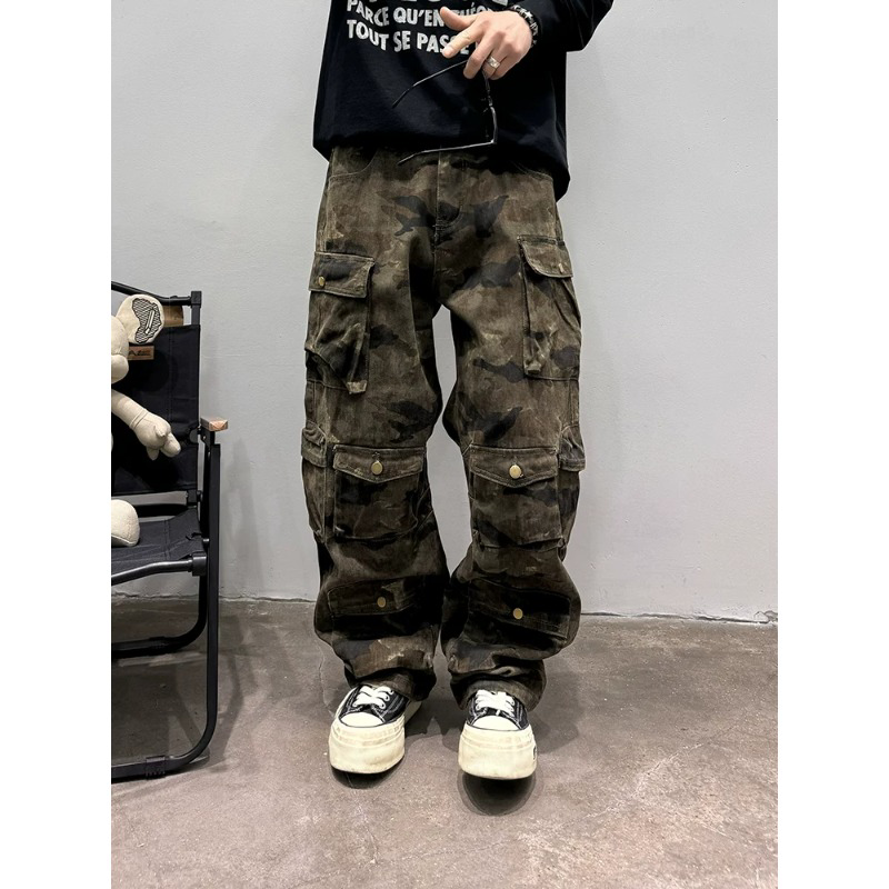 美式街头vibe风迷彩工装裤男士战术多口袋复古水洗直筒宽松牛仔裤