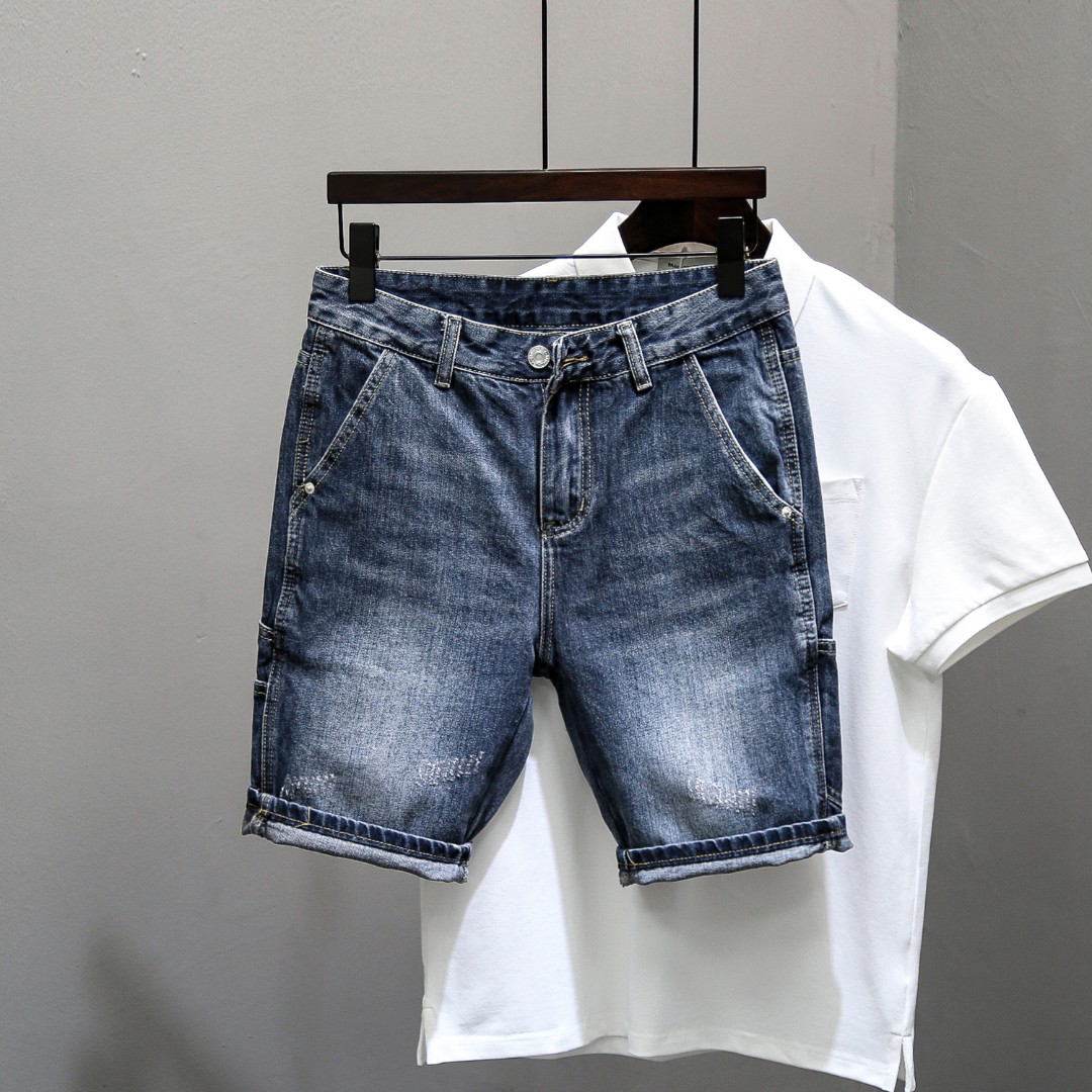 夏季新款牛仔短裤男斜插口袋修身小直筒美式高街百搭工装五分裤子