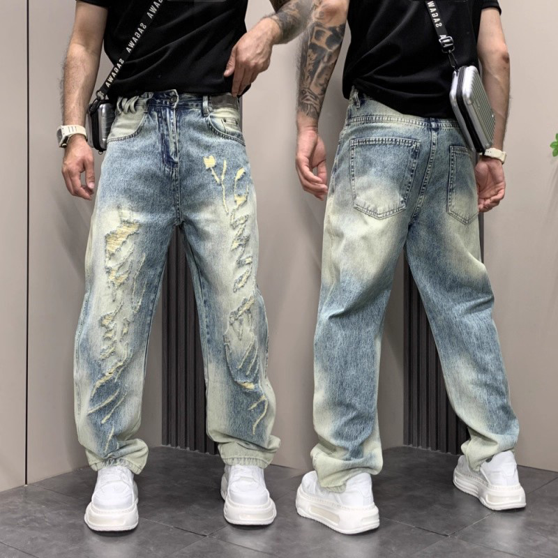 2026新款美式欧洲站休痞帅破洞牛仔裤男士潮流直筒裤休闲裤子大码