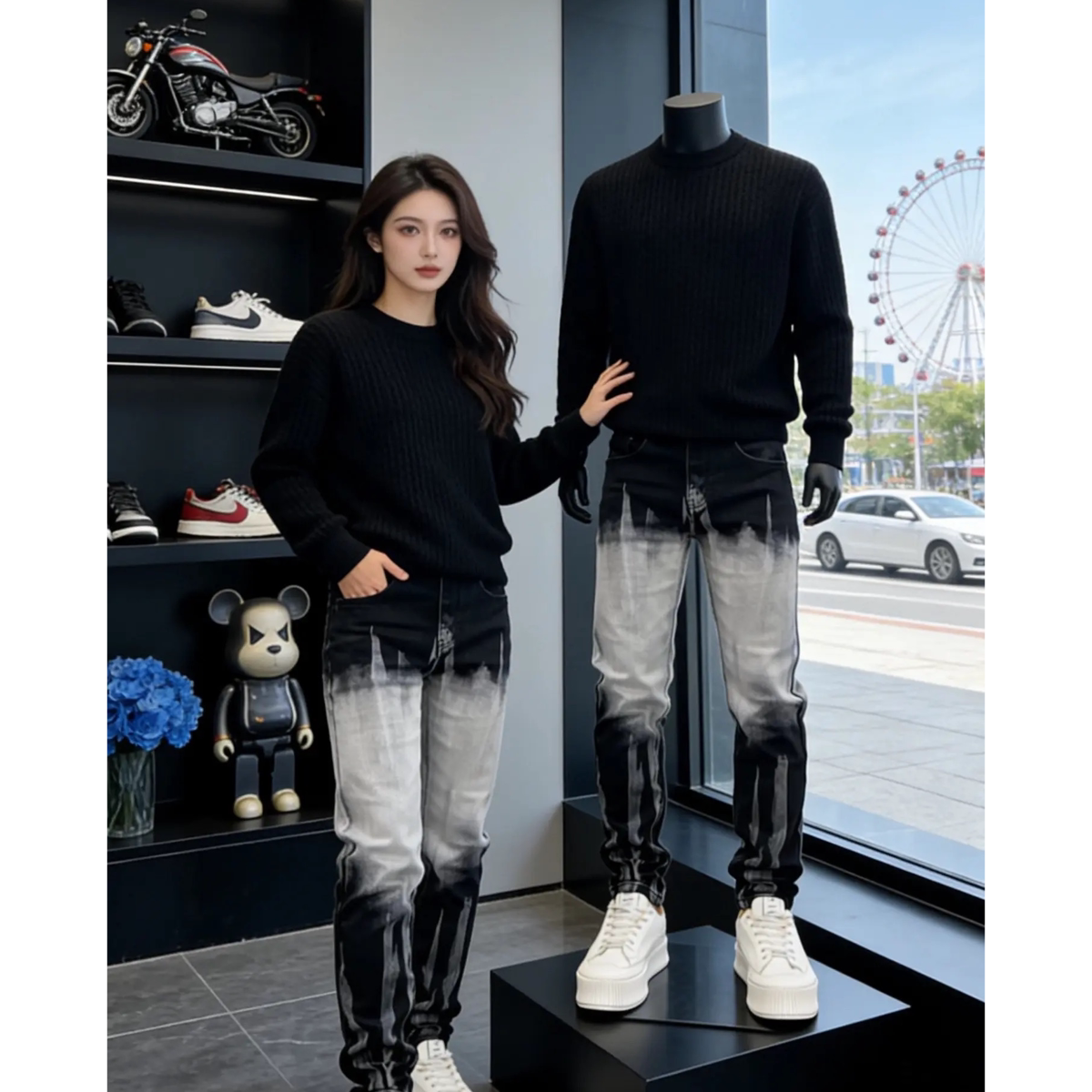 扎染设计渐变色牛仔裤男修身弹力小脚2026春夏新款韩版直筒牛仔裤