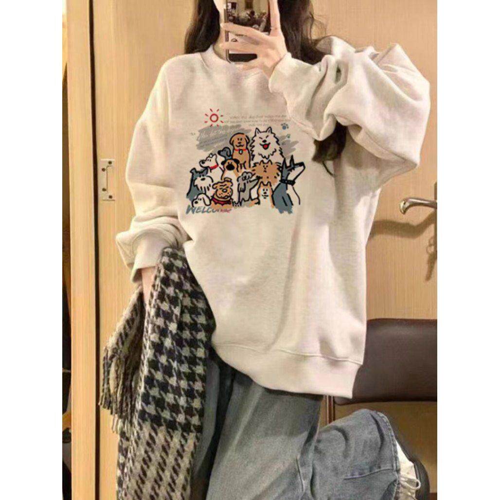 圆领白灰色卫衣女士秋冬加绒加厚美式复古重磅慵懒风无帽上衣ins