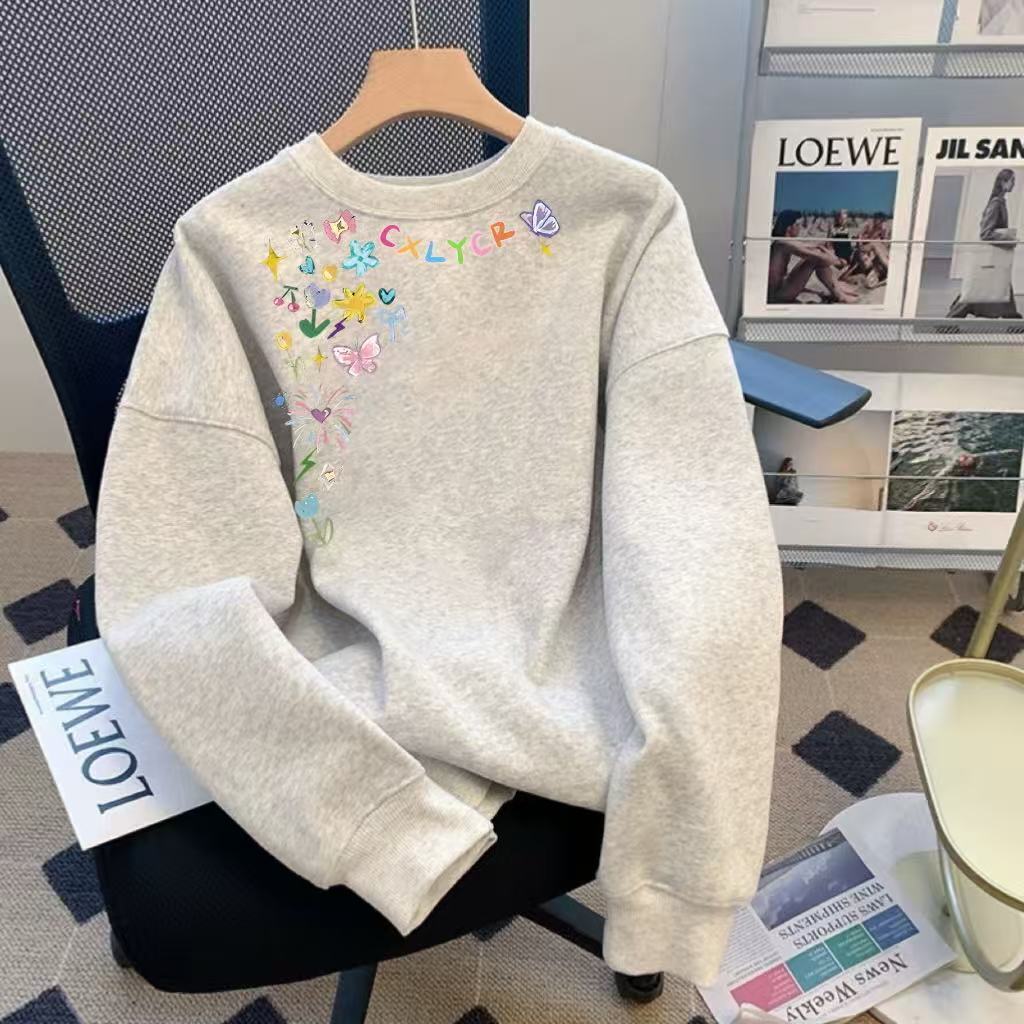 美式卫衣男女款情侣秋冬季加绒加厚圆领套头宽松长袖上衣ins