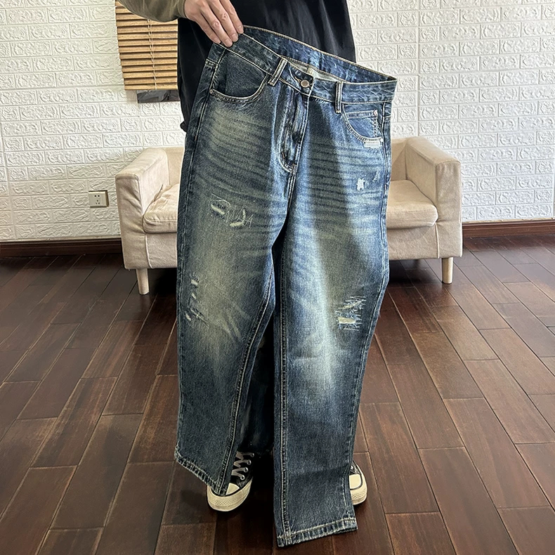 小补丁贴补宽松日系牛仔长裤男重磅水洗复古cityboy休闲牛仔裤