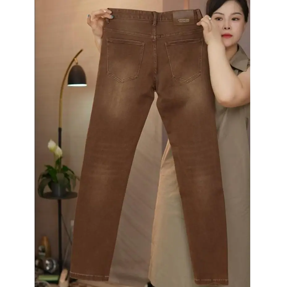 深咖啡色秋季男士修身小直筒牛仔裤新款裤子弹力韩版百搭牛仔裤