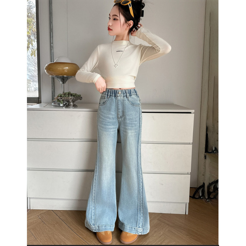 女童春秋牛仔裤2026新款微弹修身长裤中大童休闲女孩工艺喇叭裤