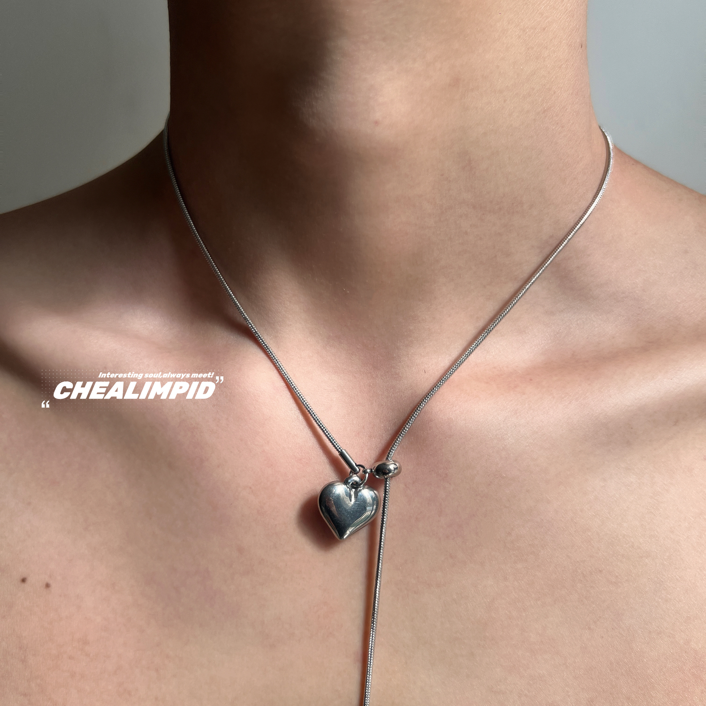 CHEALIMPID/.爱心圆珠金属抽拉钛钢项链简约小众设计潮锁骨链颈链