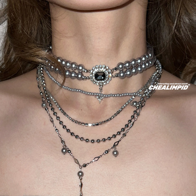 CHEALIMPID/.灰珍珠叠戴宝石项链choker轻奢小众设计高级感颈链女