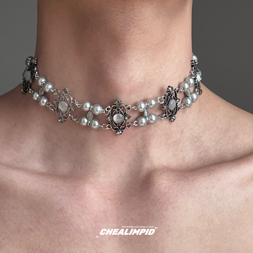 珍珠双层虎眼石设计颈链铜合金女