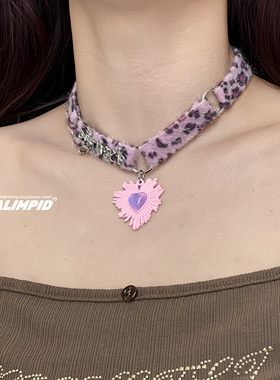 choker/.紫色豹纹y2k甜酷爱心项链辣妹亚文化锁骨小众设计项圈女