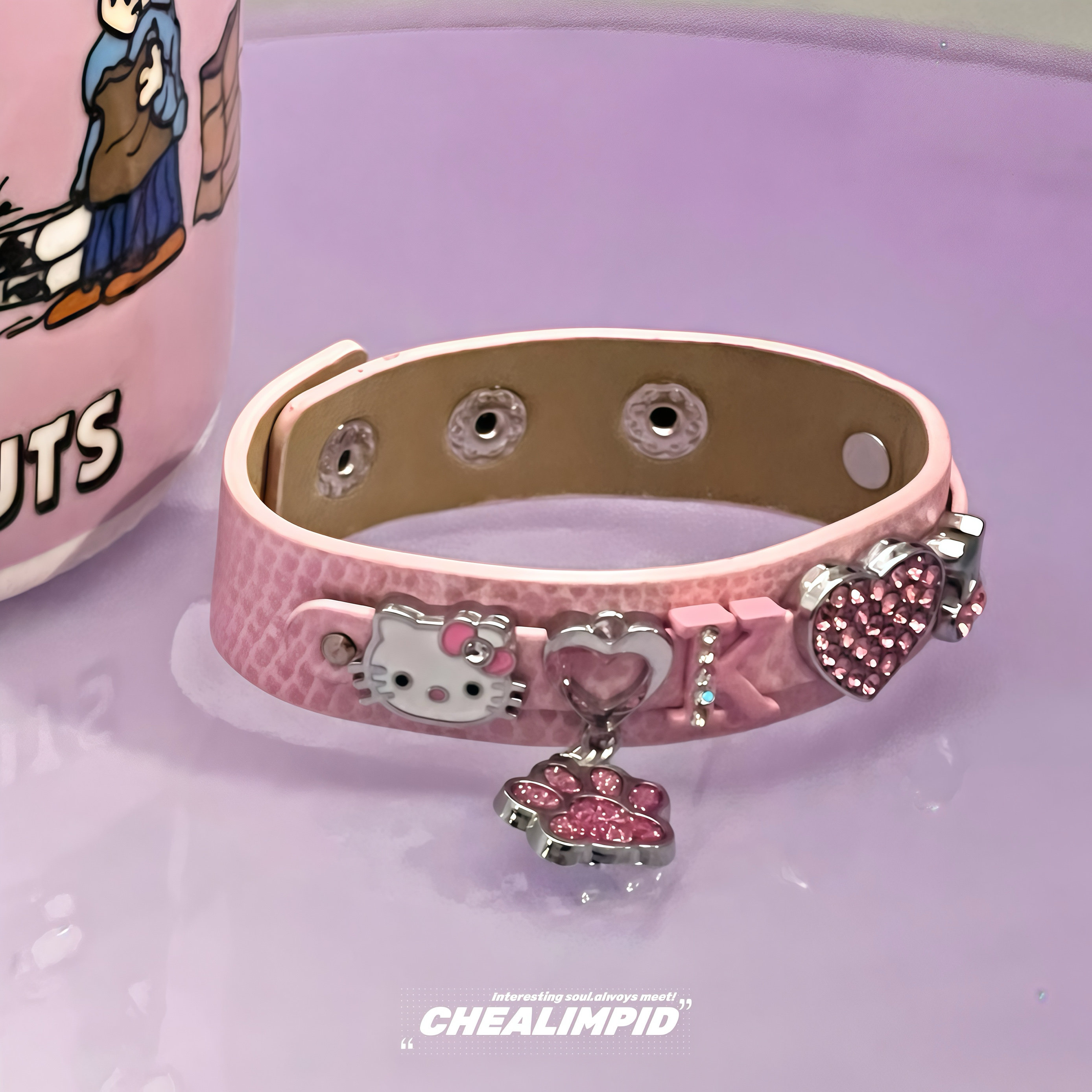 CHEALIMPID/.粉色少女kitty猫可爱皮革手环卡通y2k甜酷辣妹风手链