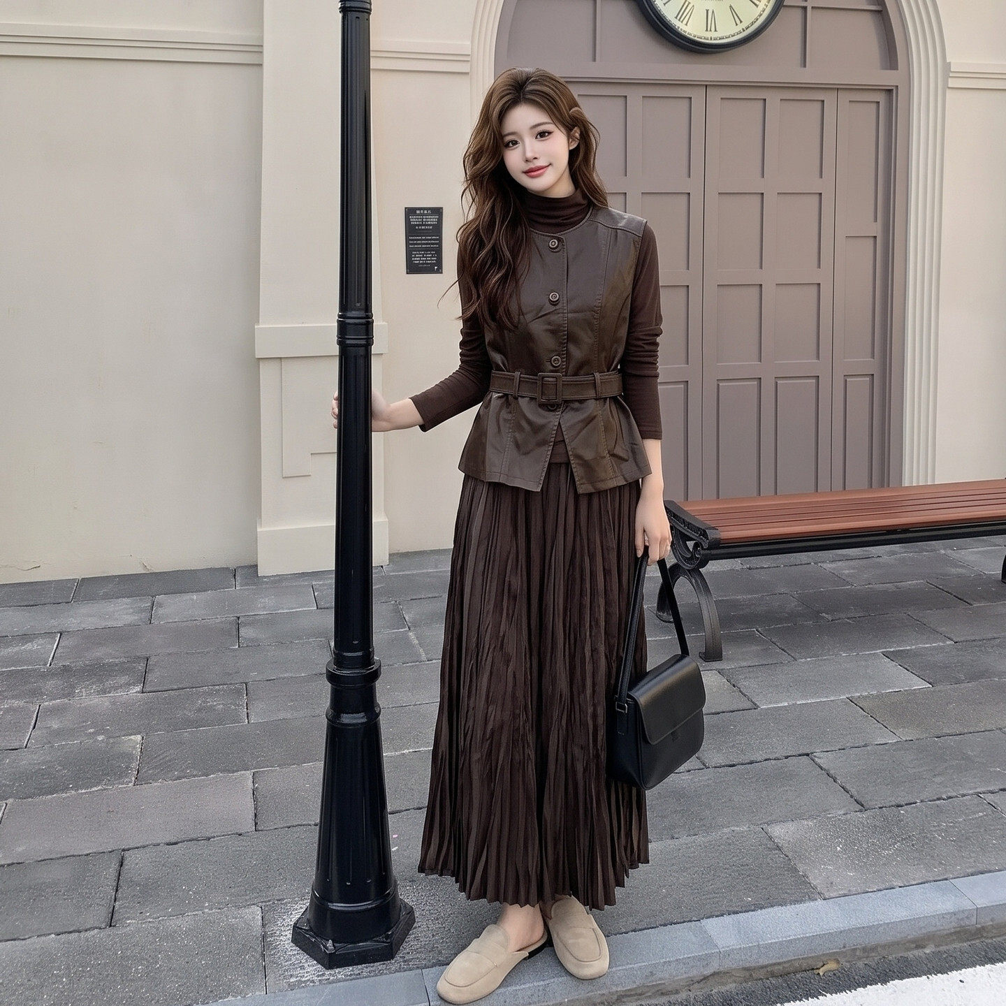 轻熟风PU皮马甲打底衫褶皱半身裙两件套女秋季通勤法式套装修身今