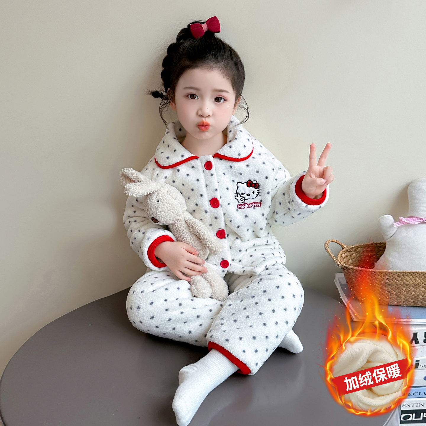 Kitty猫法兰绒睡衣冬~双层厚圆点