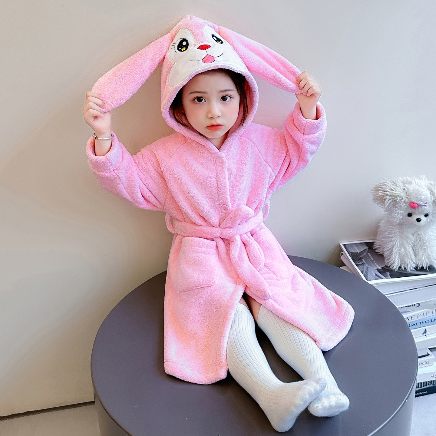 儿女童睡衣袍裙浴袍秋冬季2026新款宝宝小孩珊瑚绒法兰兔子加绒厚
