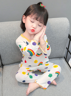 莫代尔睡衣女童春秋薄款2026新款儿童夏天宝宝夏季长袖彩虹空调服