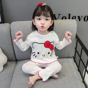 女童Kitty猫睡衣套装宽松春秋薄款宝宝1-6岁长袖夏空调服2025新款