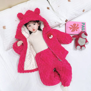 女童冬季睡衣2025新款女孩宝宝草莓熊加绒加厚夹棉三层儿童家居服