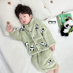 2025新款男孩子睡衣秋冬季法兰绒珊瑚加绒加厚宝宝熊猫儿童家居服