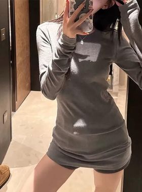 灰色内搭圆领中长款遮屁股正肩长袖女t恤修身打底衫爆款高级上衣