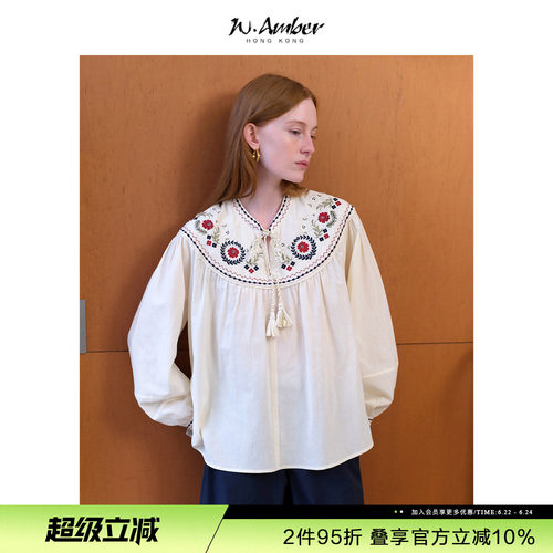 W.Amber法式绣花流苏衬衫女2026夏季新款民族风气质长袖衬衣上衣
