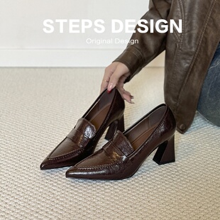 羊皮~法式不累脚粗跟单鞋女2026一脚蹬尖头乐福鞋真皮通勤高跟鞋