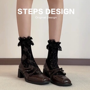 法式复古风方头真皮玛丽珍鞋高跟赫本风小皮鞋蝴蝶结粗跟单鞋女款