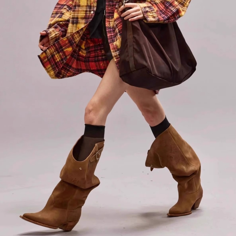 西部牛仔靴粗跟堆堆靴尖头骑士靴