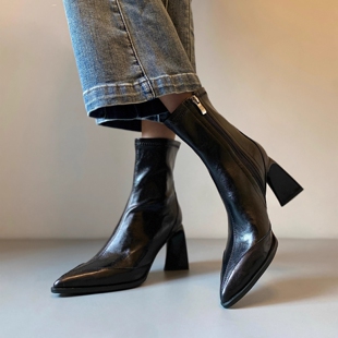 羊皮版~尖头瘦瘦靴高跟短靴女法式气质复古马丁靴英伦风真皮单靴