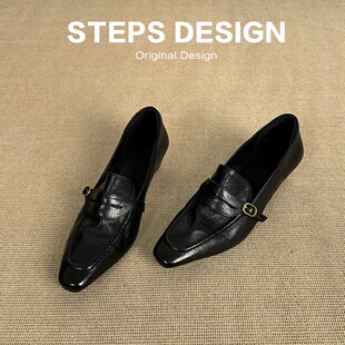 通勤一脚蹬气质尖头单鞋 英伦风方头乐福鞋 黑色皮鞋 2026春新款 女款