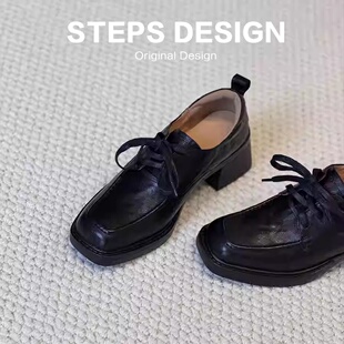 英伦风羊皮高跟粗跟系带乐福鞋女2026新款复古单鞋方头厚底小皮鞋