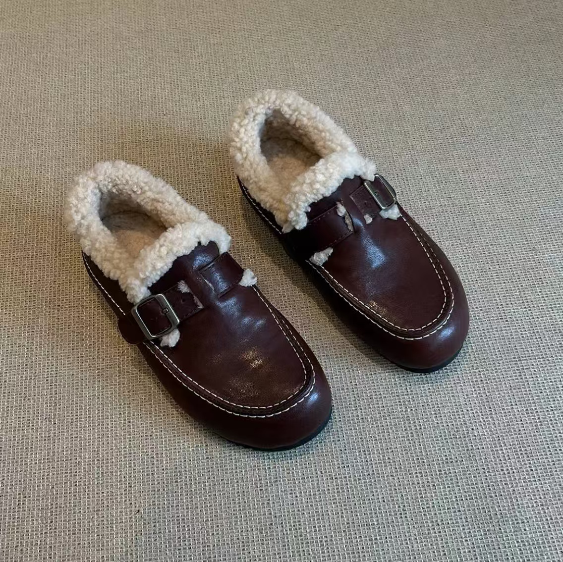 羊羔毛懒人乐福鞋冬加绒保暖棉鞋