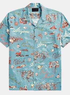 现货 复刻非RRL 复古印花人造丝超柔薄款夏威夷男装衬衫短袖无标