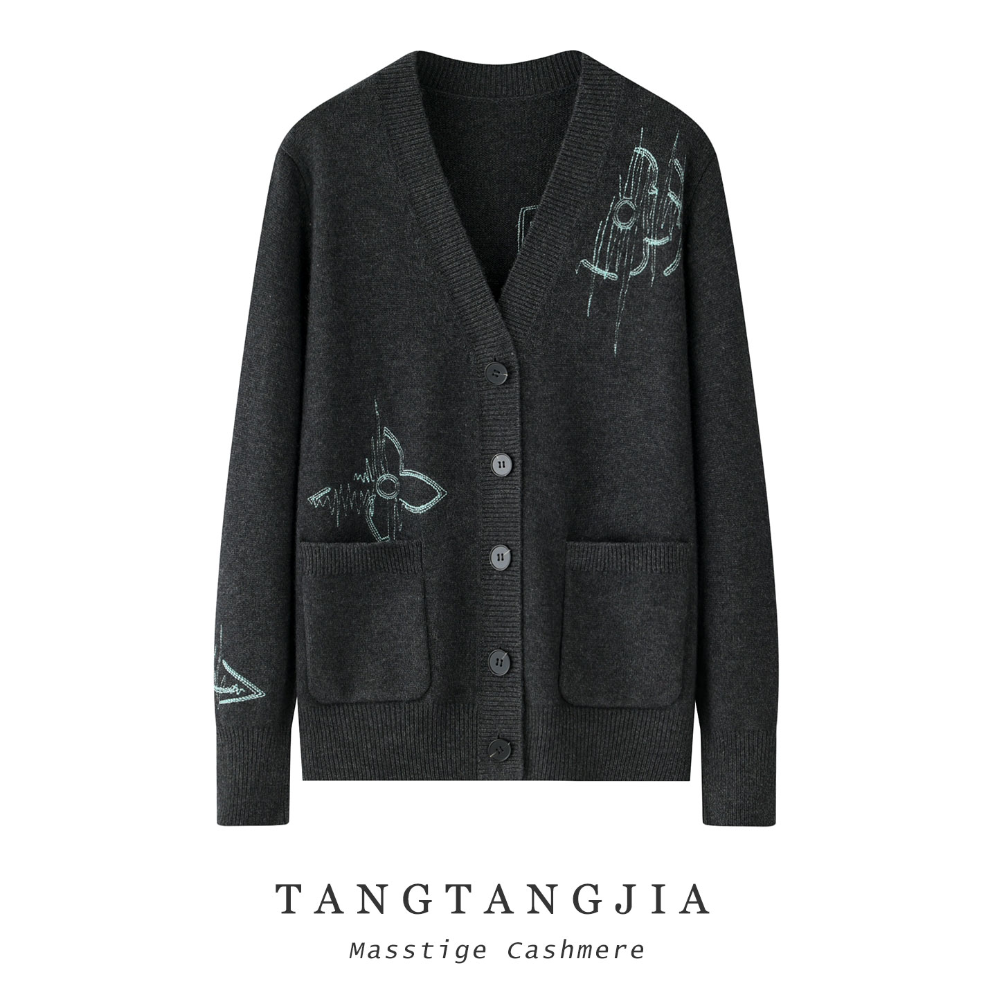 男女同款V领刺绣加厚保暖开衫