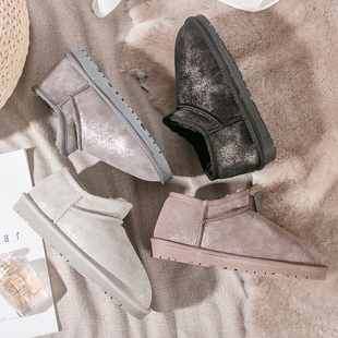 棉鞋 雪地靴女短筒平底百搭防滑防水皮面一脚蹬懒人鞋 冬季 2025新款