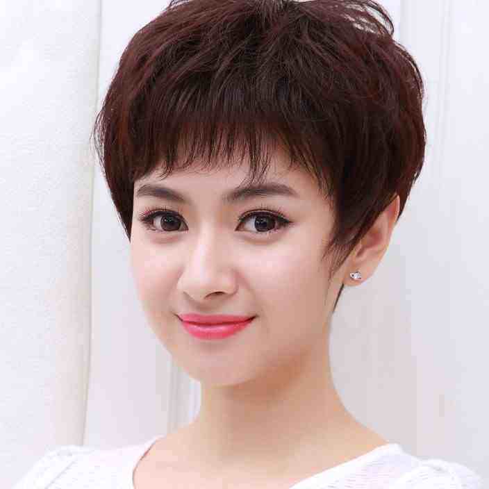 假发女短发短卷发女士圆脸发型真发妈妈假发轻薄款假发套
