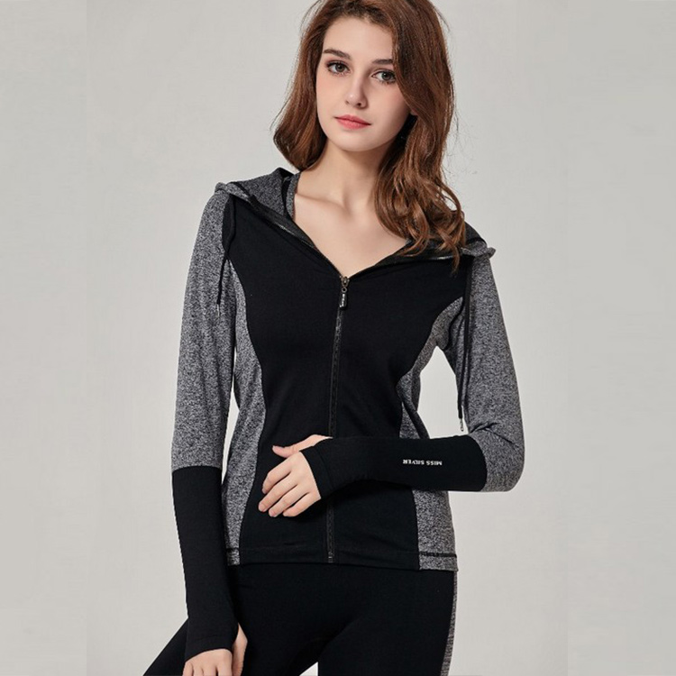 拼色连帽健身上衣外套长袖高弹速干女运动瑜伽跑步紧身衣套装