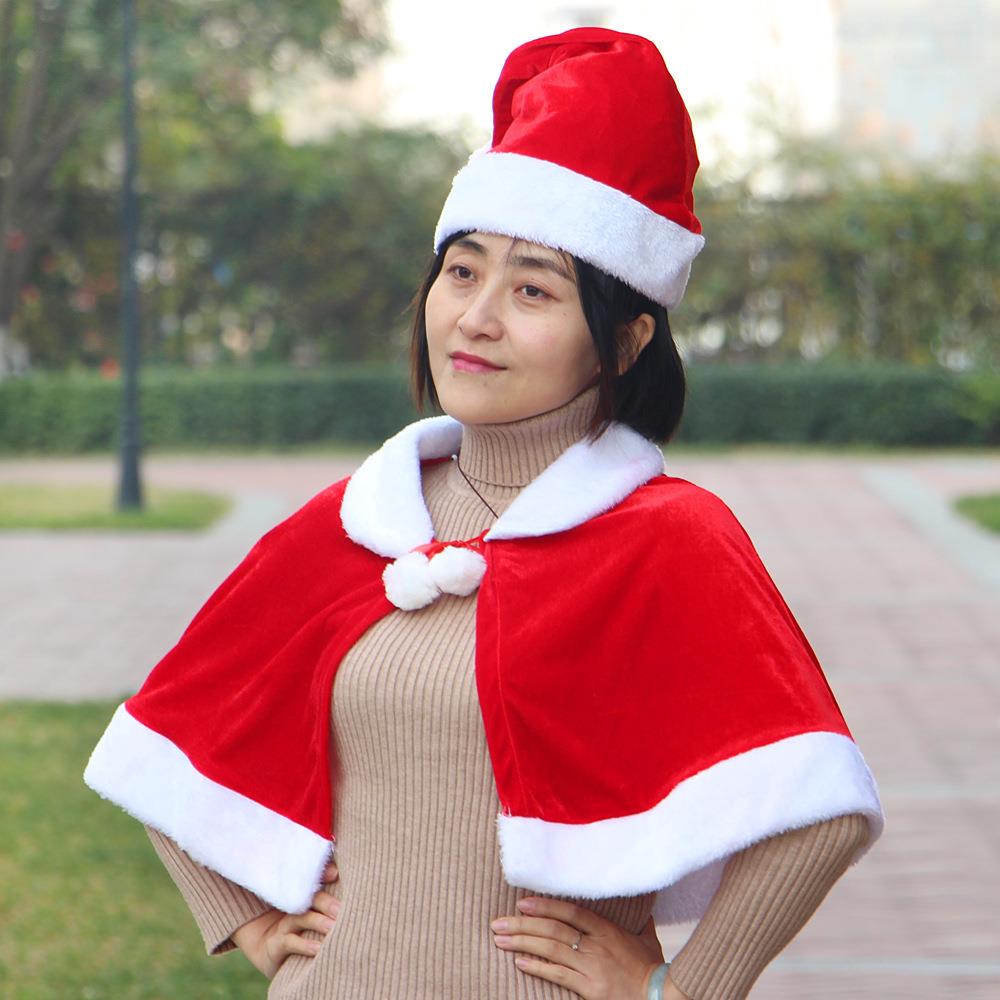 圣诞披肩斗篷披风衣服配饰派对演出服饰成人女金丝绒圣诞帽子套装