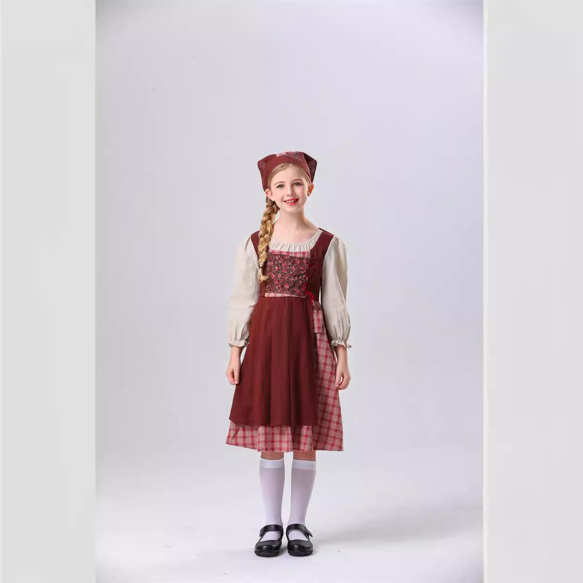 万圣节COS卖火柴的小女孩田园格子连衣裙复古亚麻假两件亲子服装