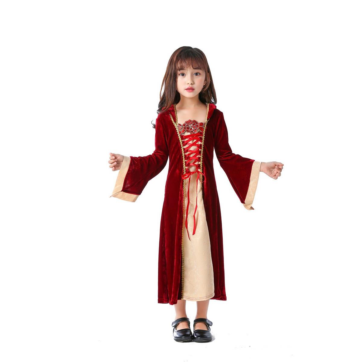 中世纪 复古宫廷COS服 酒红色连衣裙宽袖口刺绣暗纹提花 演出服装