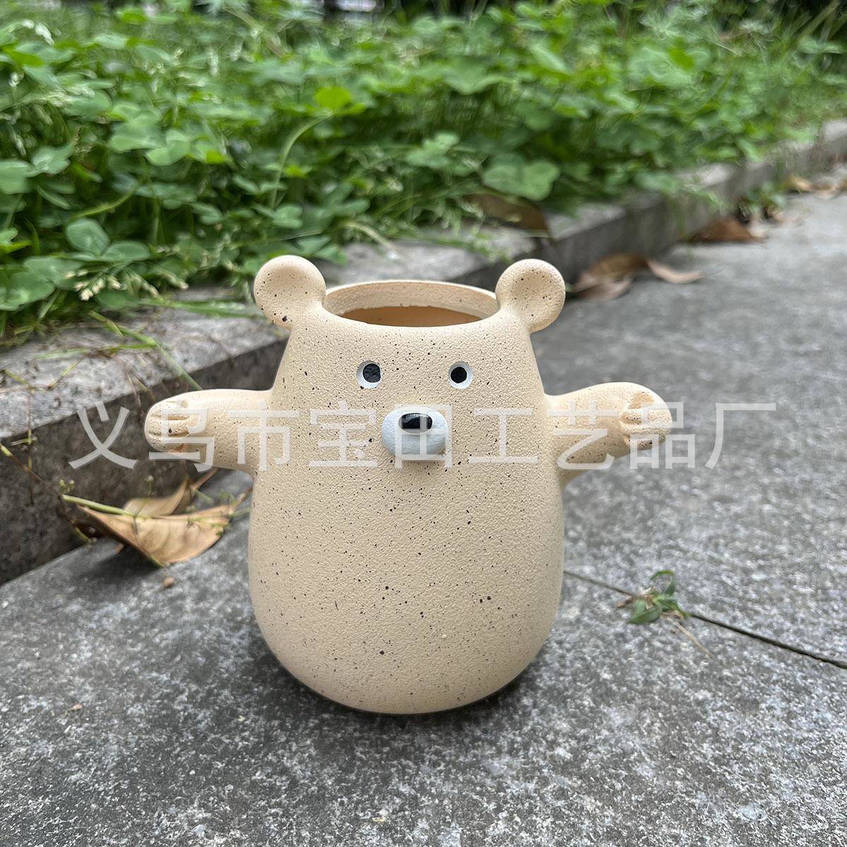 跨境 趣味小熊拿花造型花盆庭院花园家居创意装饰花盆雕像摆件