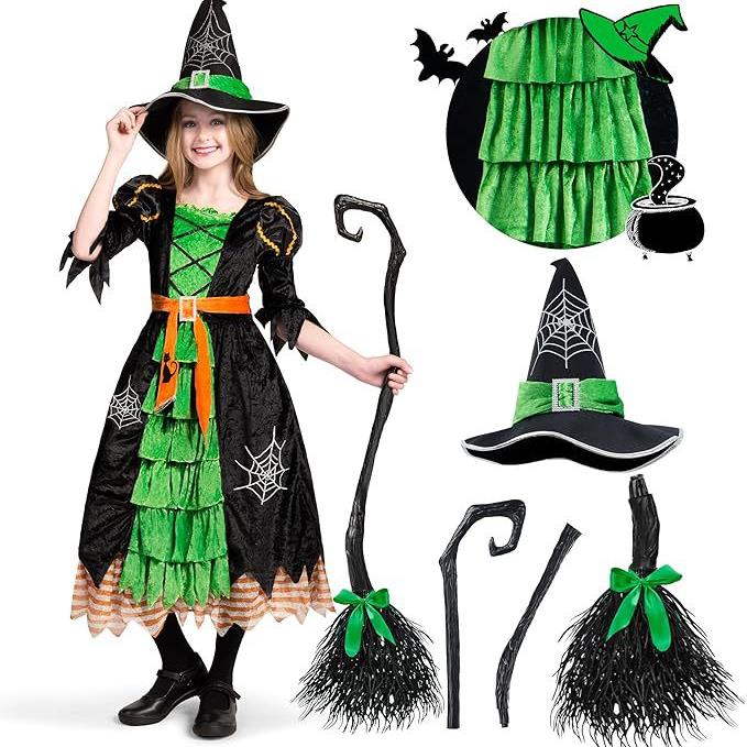 万圣节儿童Cos表演服绿色蜘蛛网公主长裙女巫扫把帽子表演服装
