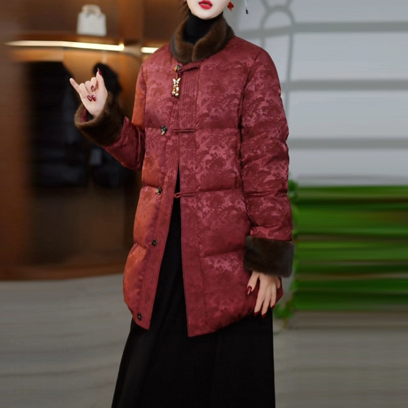 提花缎国风羽绒服女2025冬季新款中式红色气质显瘦中长款加厚外套,女装/女士精品,大码羽绒服,淘宝优惠券,粉丝福利购,淘宝优惠卷