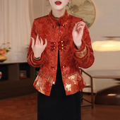 提花缎新中式 上衣棉袄 新款 红色夹棉加厚短款 棉衣外套女士2025冬季